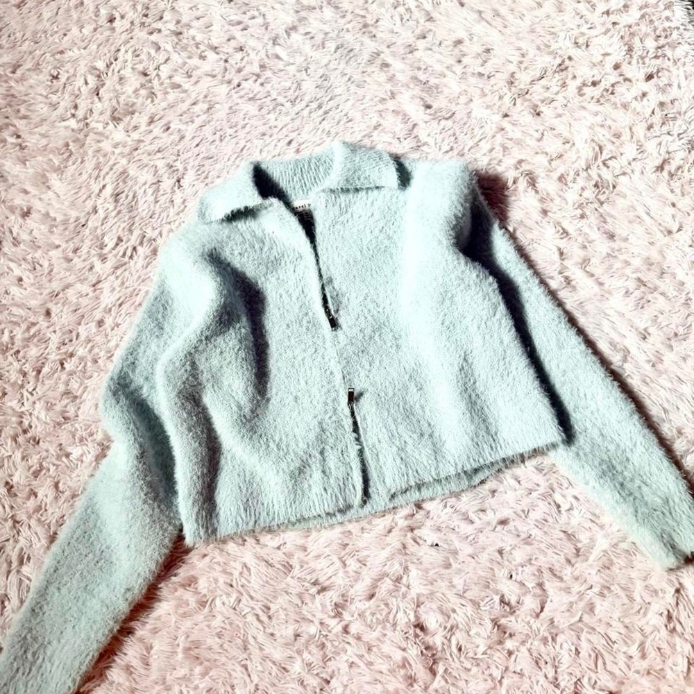 Pastel‎ Baby Blue Soft Girl Preppy Fuzzy Dual Zip Crop Top Sweater Womens M Cozy